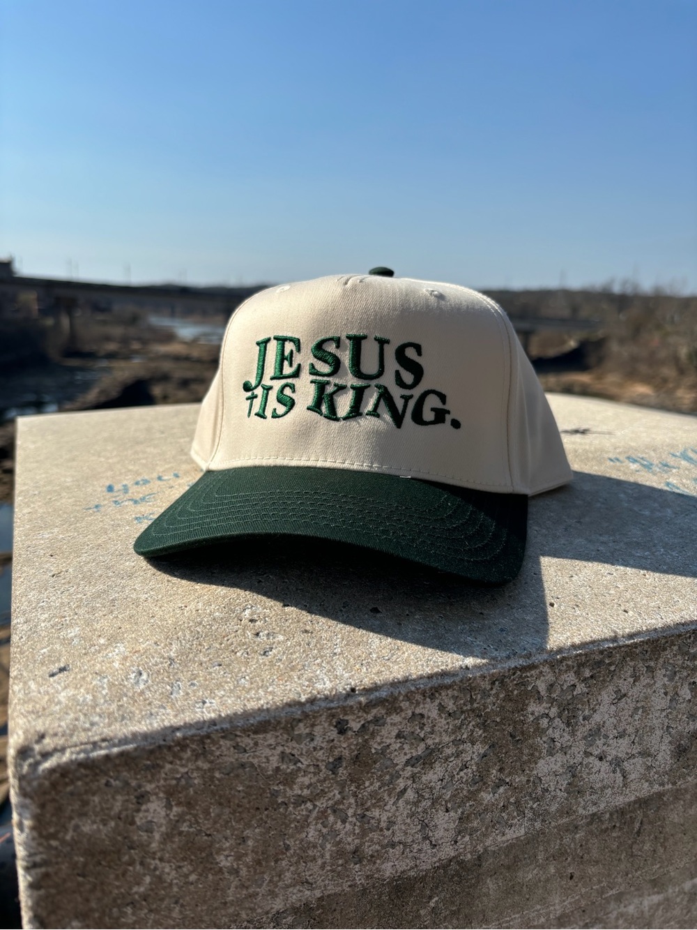 Embroidered "Jesus Is King" Baseball Cap - Cream & Dark Green (OTTO CAP)